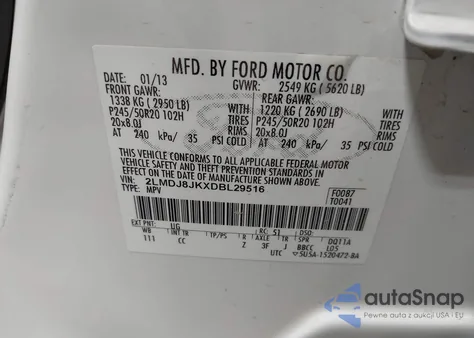 2013 Lincoln Mkx z USA, uszkodzony, nr VIN 2LMDJ8JKXDBL29516